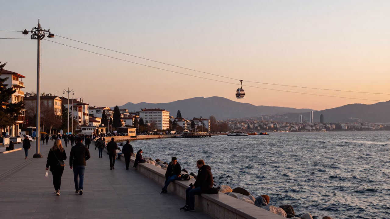 Dawn Light on Izmir's Coastal Promenade with Cable Car and Morning Coffee in in Izmir, Turkey