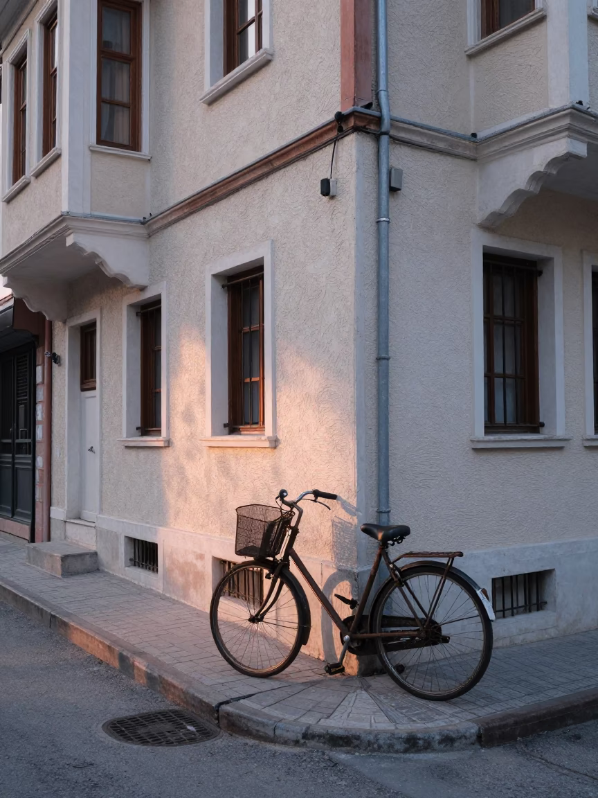 Dawn Light on Izmir Street with Bicycle Basket and Vintage Italian Majolica Plate in in Izmir, Turkey