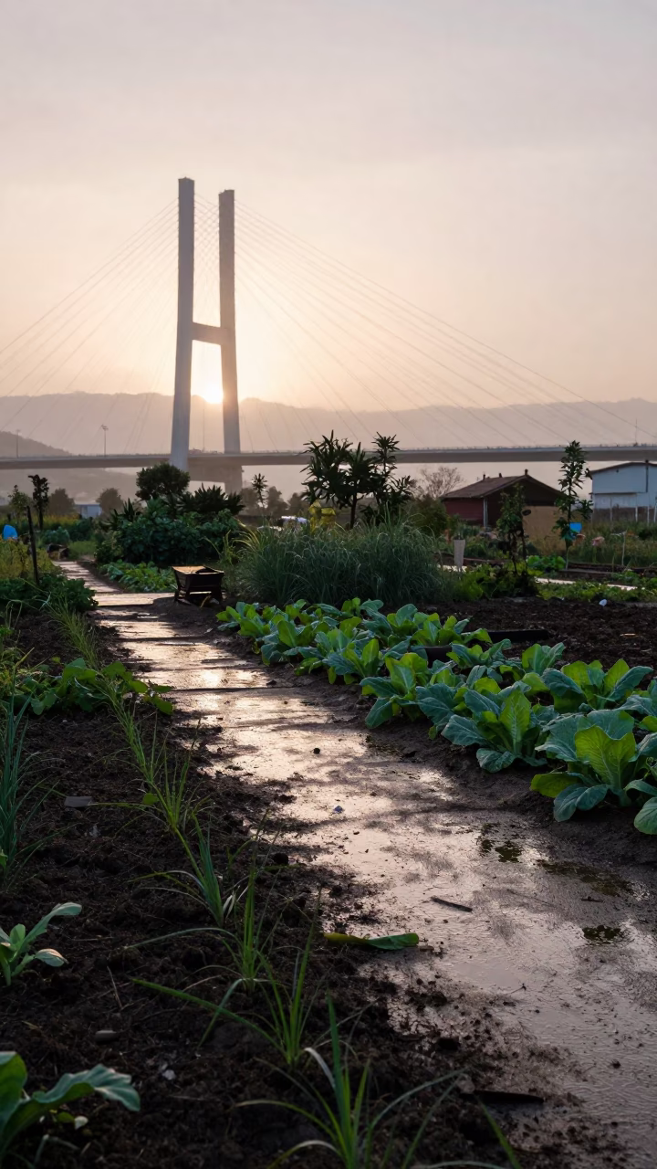 Dawn Light on Izmir Viaduct Shadow Over Rain-Washed Allotment Gardens in in Izmir, Turkey