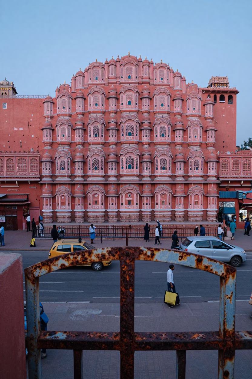 Dawn Light on Jaipur Pink City Street with Rusty Gate and Morning Activity in in Jaipur, India