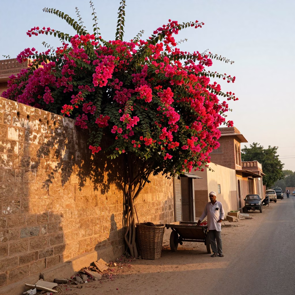 Dawn Light on Jaipur Street with Bougainvillea and Wicker Basket in in Jaipur, India