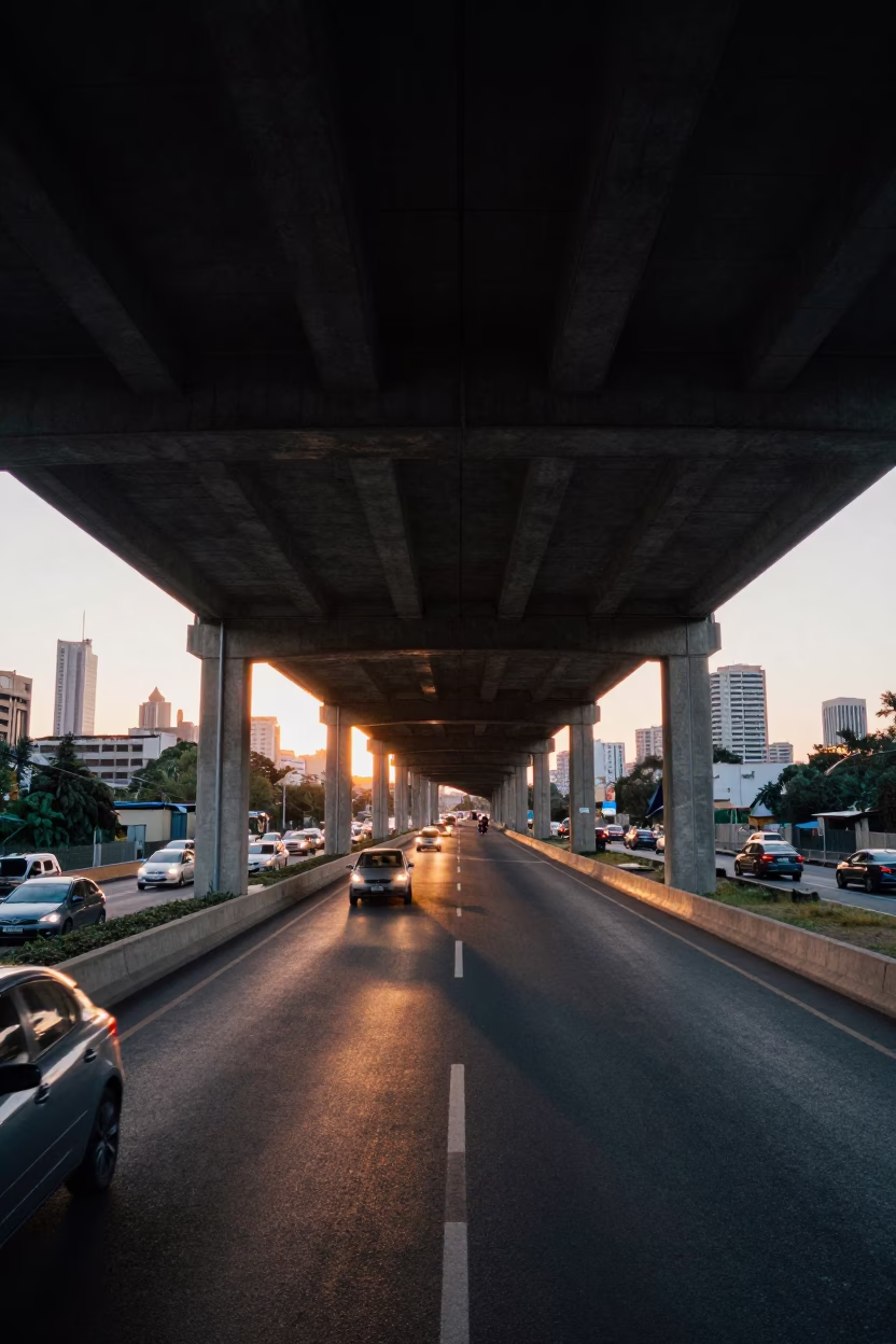 Dawn Light on Johannesburg Flyover Underside and City Skyline in in Johannesburg, South Africa