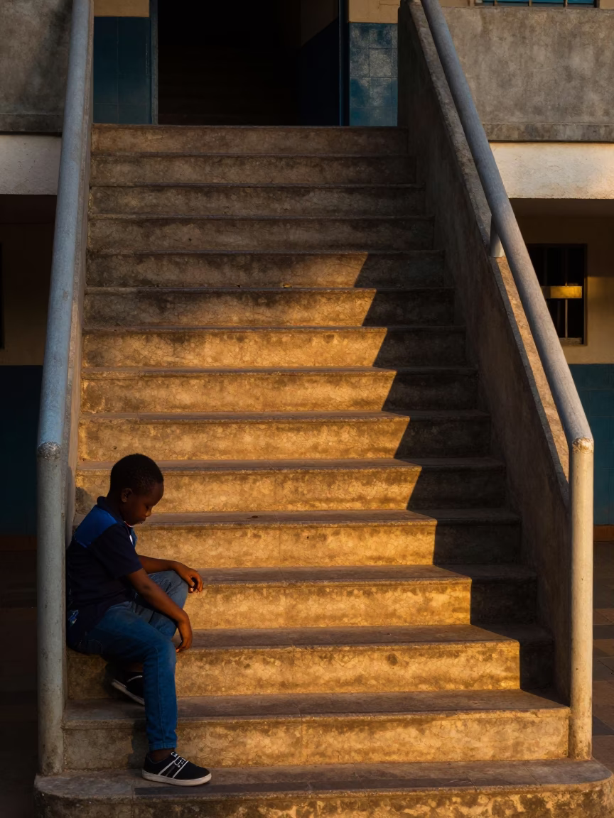 Dawn Light on Johannesburg School Staircase with Student Shoe Brush and Measuring Tape in in Johannesburg, South Africa