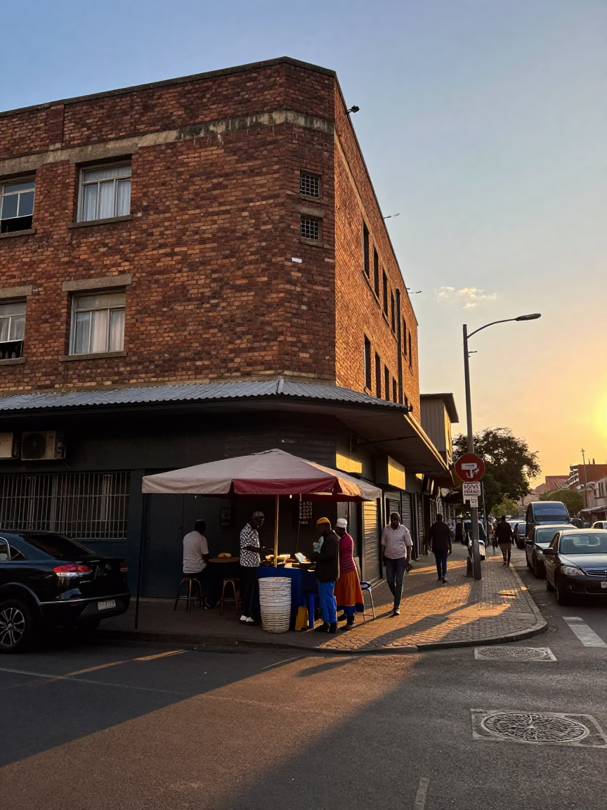 Dawn Light on Johannesburg Street Corner with Local Vendor and Commuters in in Johannesburg, South Africa