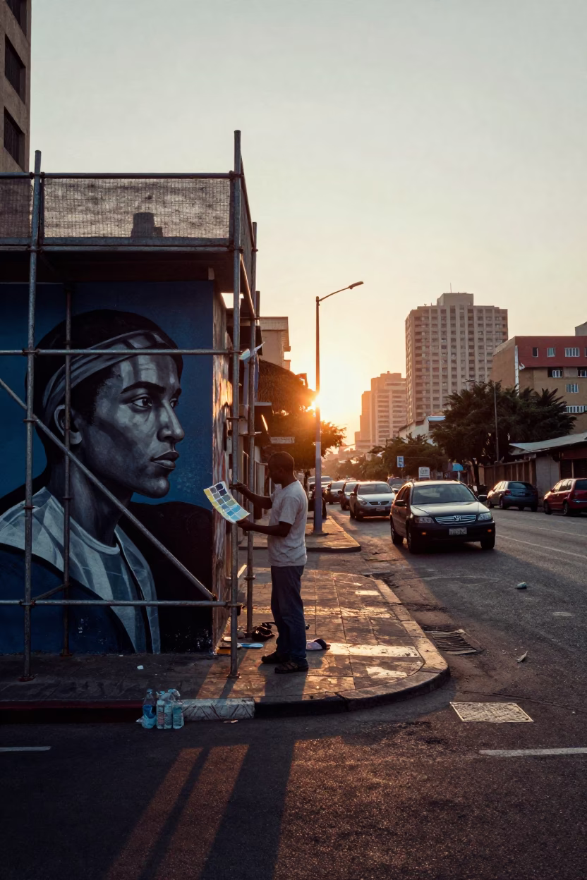Dawn light on Johannesburg street corner with muralist scaffolding and heliconia blooms in in Johannesburg, South Africa