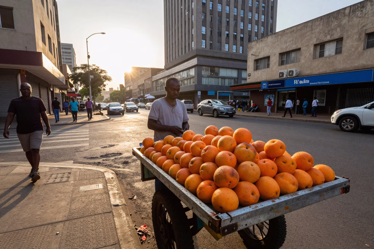 Dawn Light on Johannesburg Street Corner with Nectarines and Grease Sheen in in Johannesburg, South Africa