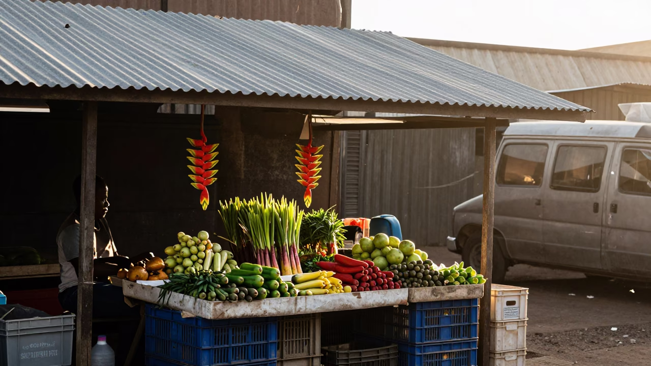 Dawn Light on Johannesburg Street Market Stall with Heliconia and Graduation Gown in in Johannesburg, South Africa