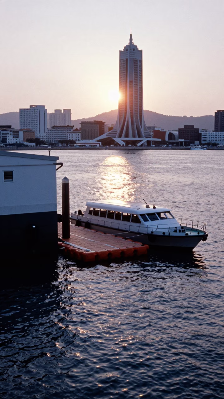 Dawn Light on Kaohsiung Floating Dock with Water Taxi and Echeveria Dew in in Kaohsiung, Taiwan