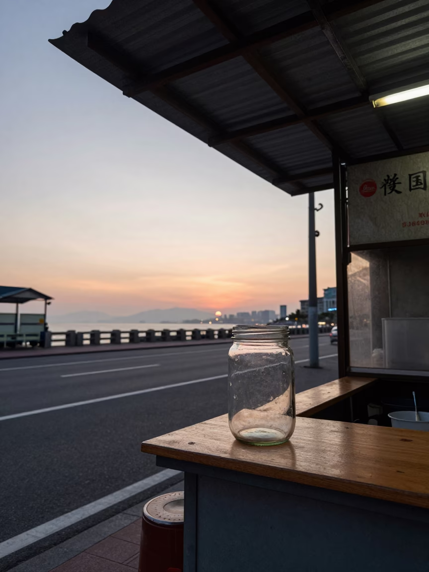 Dawn light on Kaohsiung street with glass jar and wicker shadow in in Kaohsiung, Taiwan