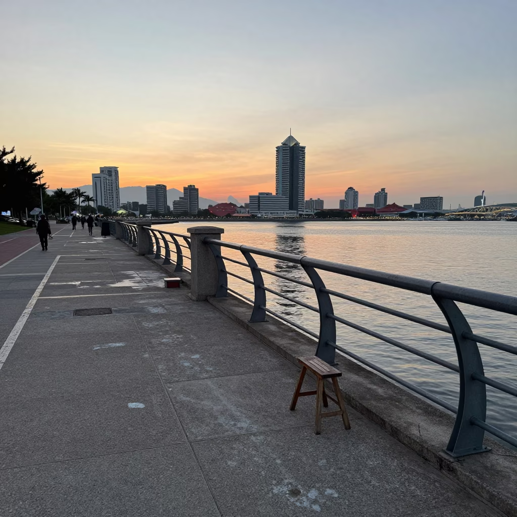 Dawn Light on Kaohsiung Waterfront Promenade with Faded Paint and Street Furniture in in Kaohsiung, Taiwan