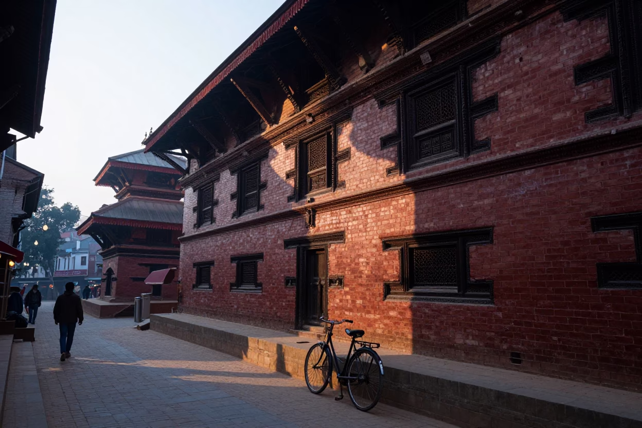 Dawn Light on Kathmandu Street with Bicycle and Traditional Brick Architecture in in Kathmandu, Nepal
