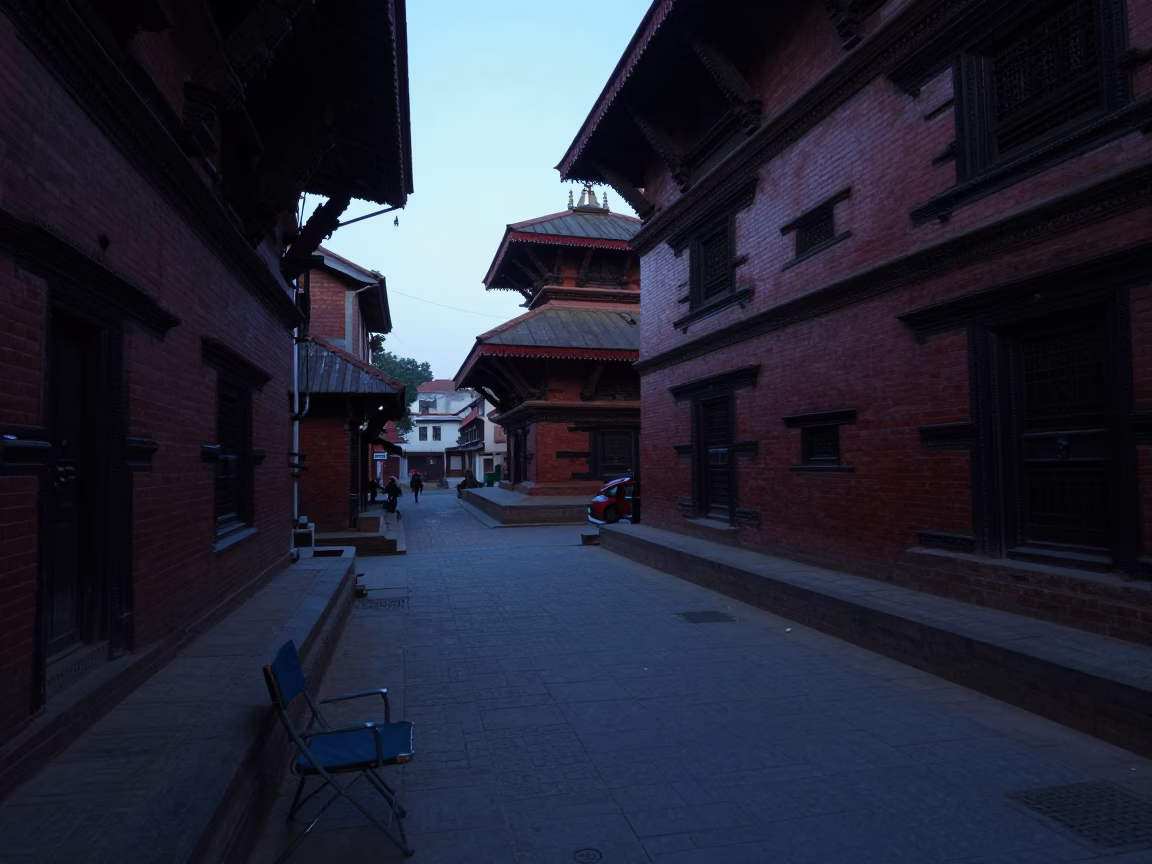 Dawn Light on Kathmandu Street with Folding Chair and Stone Temple Architecture in in Kathmandu, Nepal