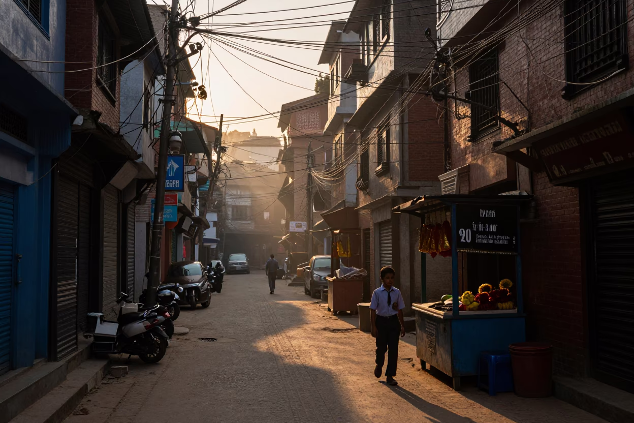 Dawn Light on Kathmandu Street with Hanging Cables and Local Morning Routine in in Kathmandu, Nepal