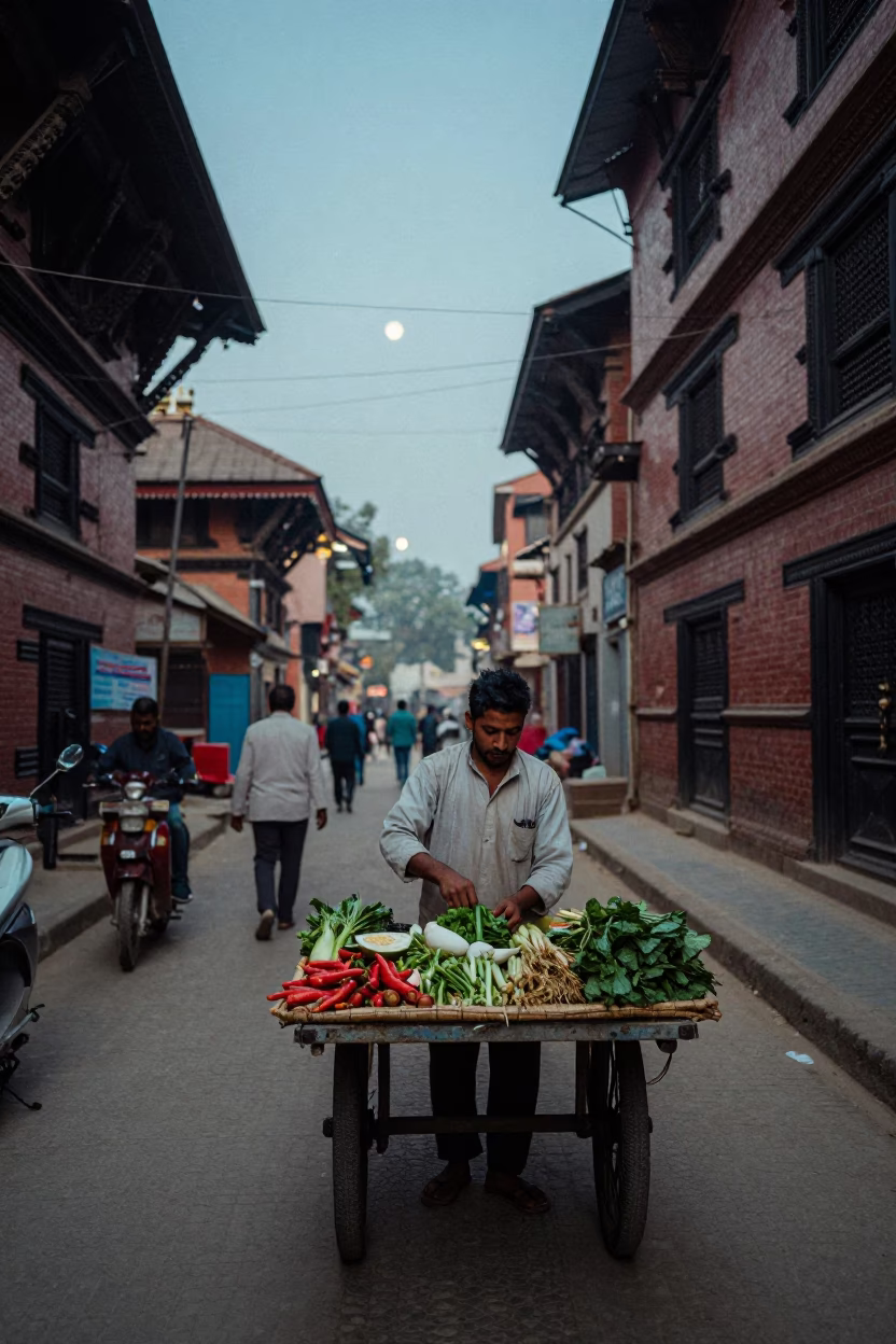 Dawn Light on Kathmandu Street with Local Vendor and Ceramic Jar in in Kathmandu, Nepal