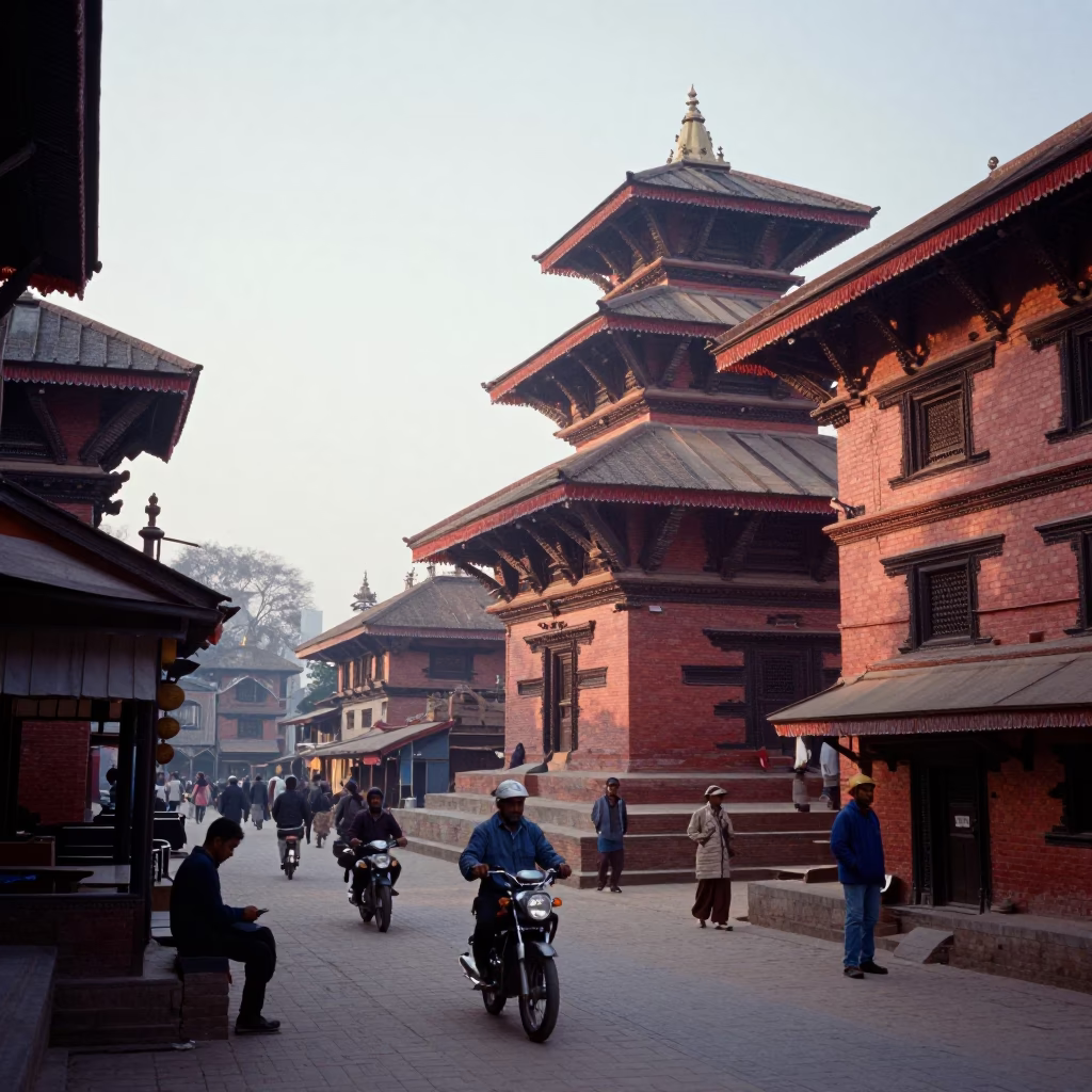 Dawn Light on Kathmandu Street with Morning Commuters and Local Shop Details in in Kathmandu, Nepal