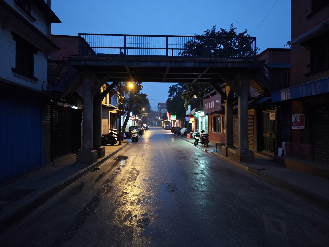 Dawn Light on Kathmandu Street with Pedestrian Overpass and Wet Footsteps in in Kathmandu, Nepal