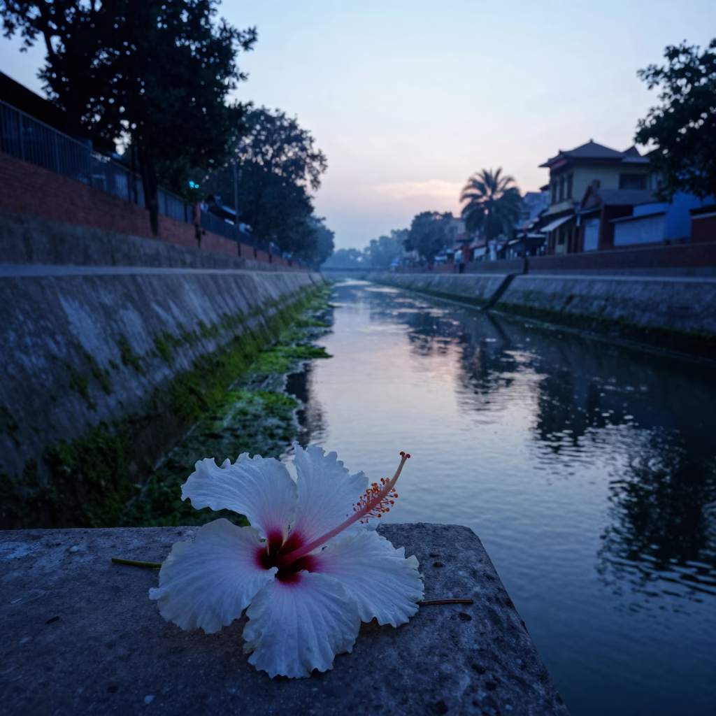 Dawn Light on Kathmandu Waterway with Hibiscus and Concrete Infrastructure in in Kathmandu, Nepal