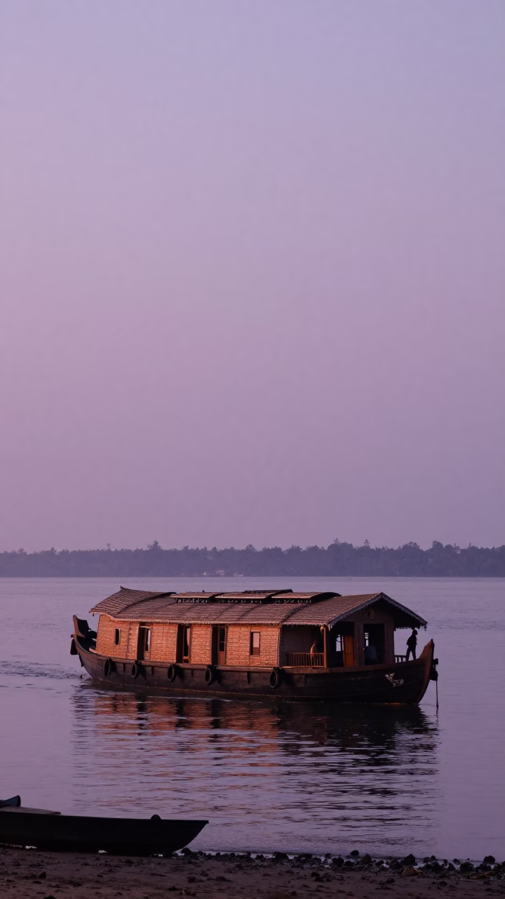 Dawn Light on Kochi Backwaters with Traditional Houseboat and Fishing Nets in in Kochi, India