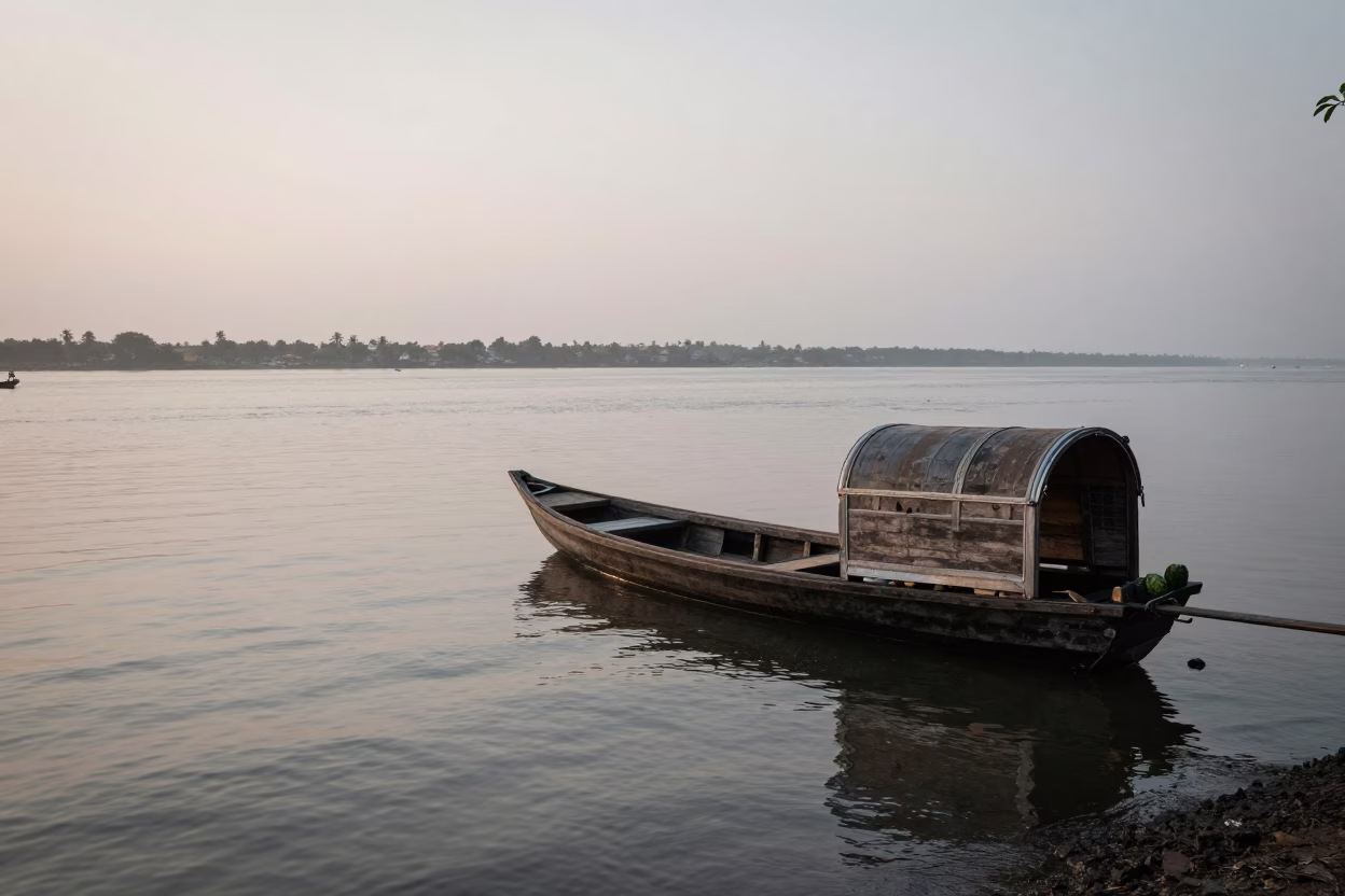 Dawn Light on Kochi Backwaters with Watermelon Vendor Truck and Local Activity in in Kochi, India