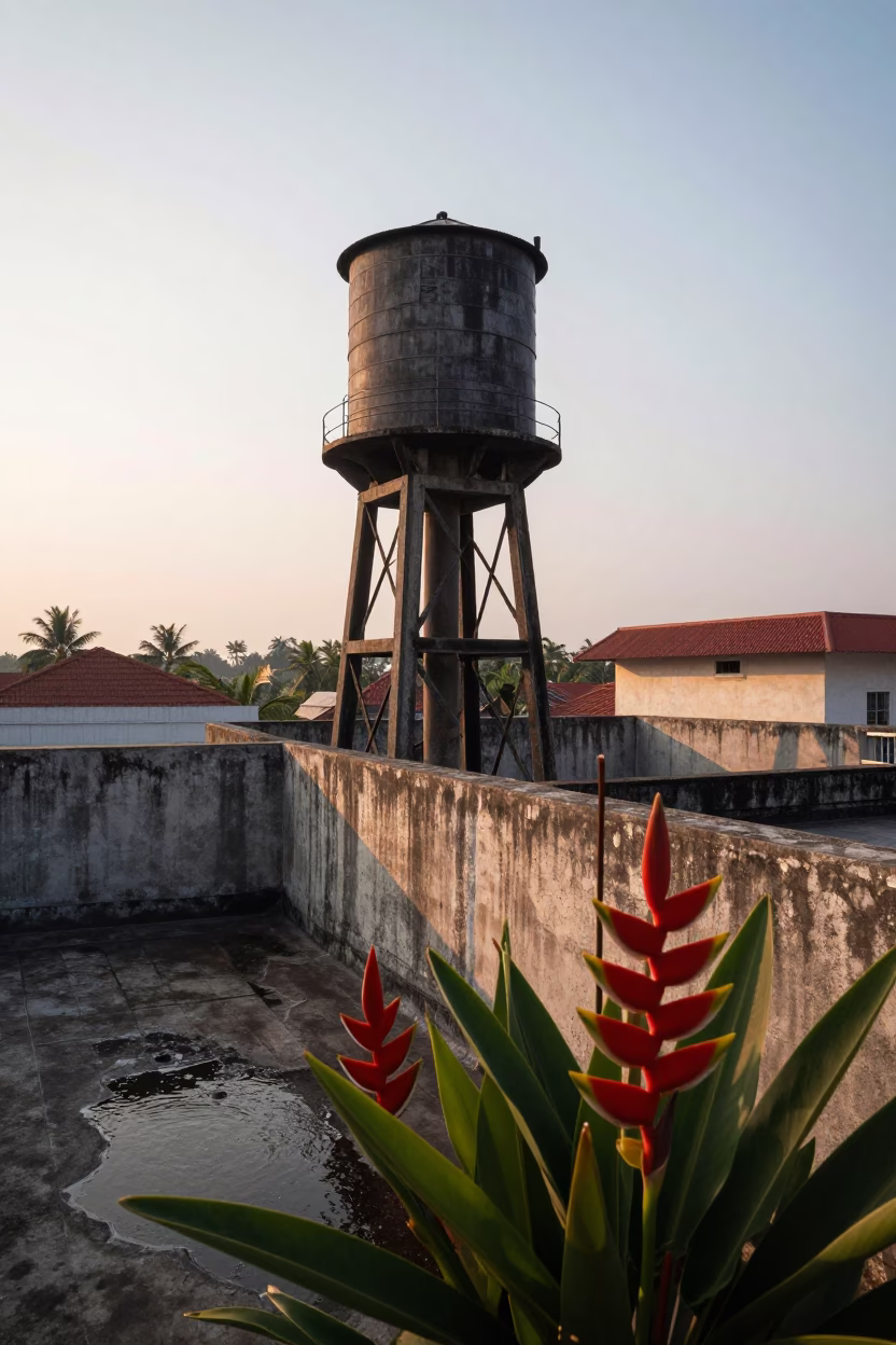 Dawn light on Kochi rooftop with heliconia and water tower view in in Kochi, India