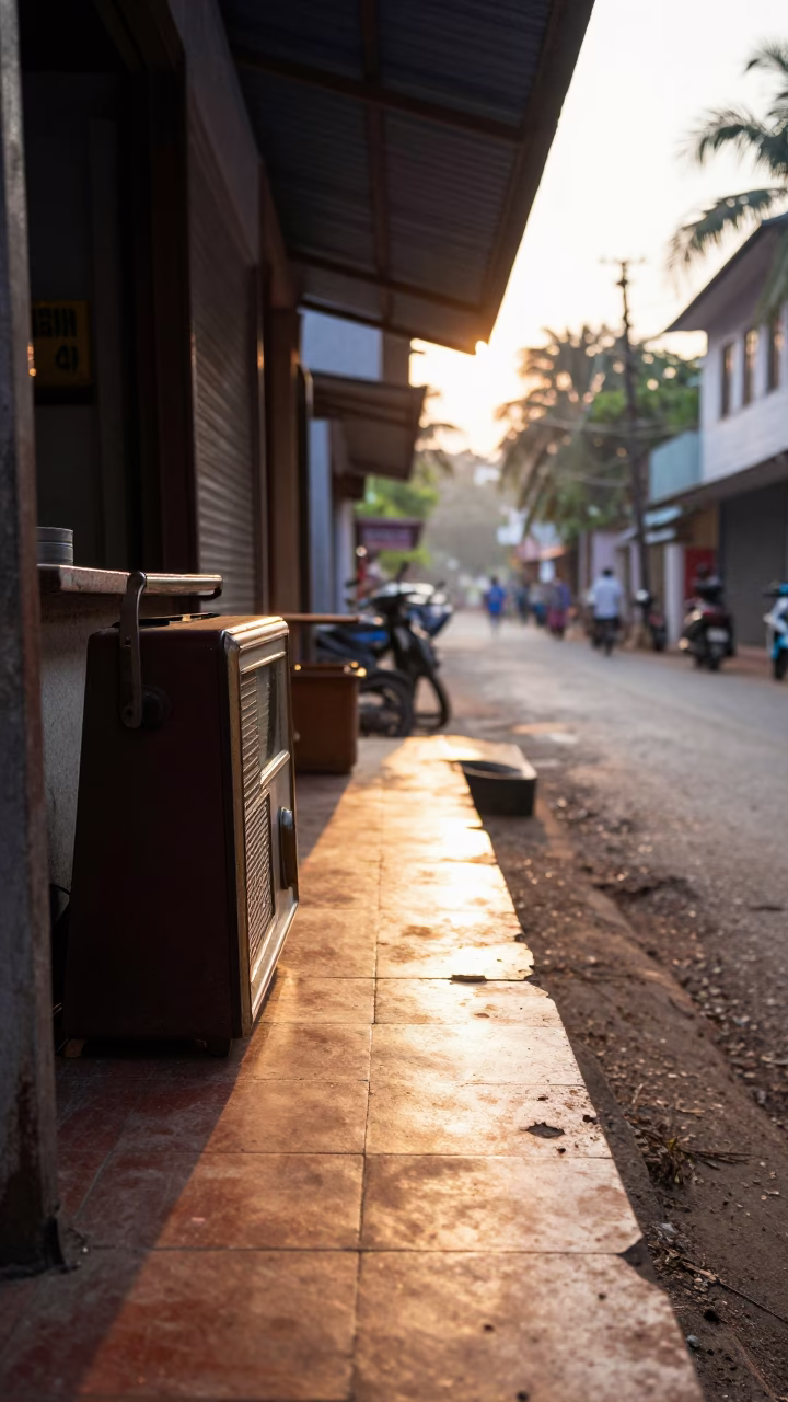 Dawn Light on Kochi Street with Vintage Radio and Worn Chair in in Kochi, India
