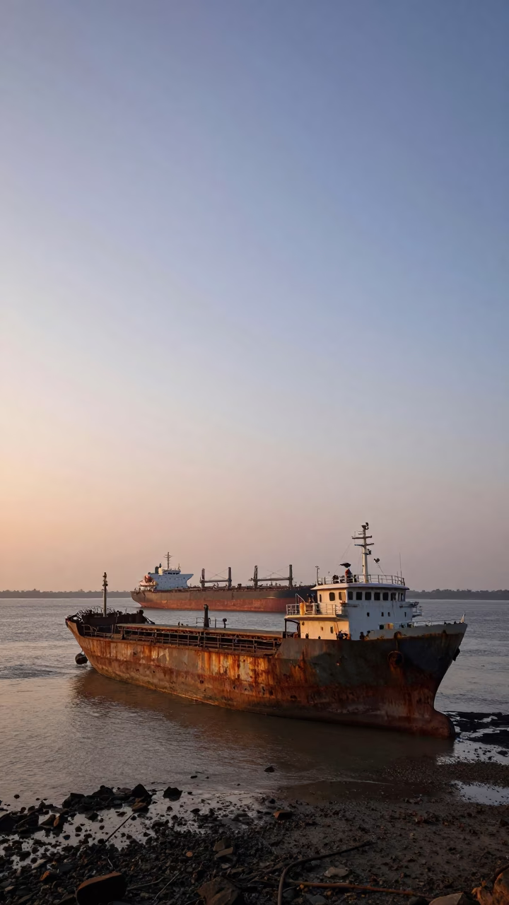 Dawn Light on Kochi Waterfront with Tanker Ship and Rusting Hulk in in Kochi, India