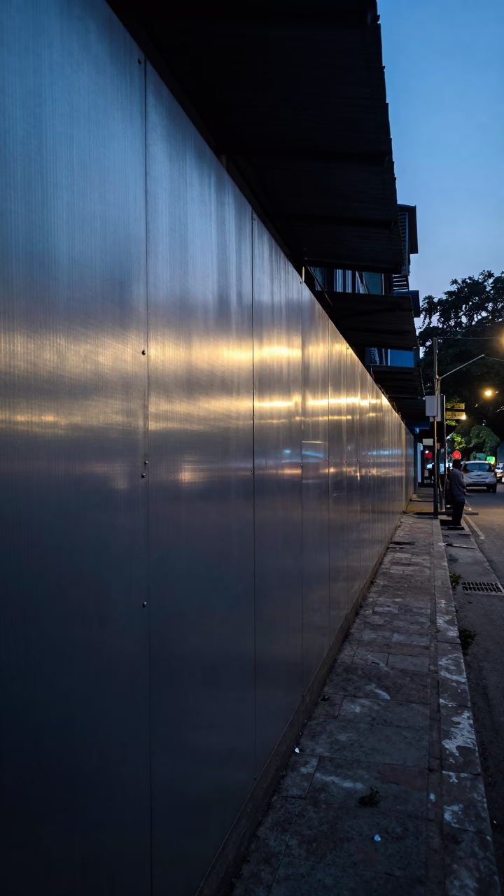 Dawn Light on Kolkata Street with Steel Wall and Morning Glory in in Kolkata, India