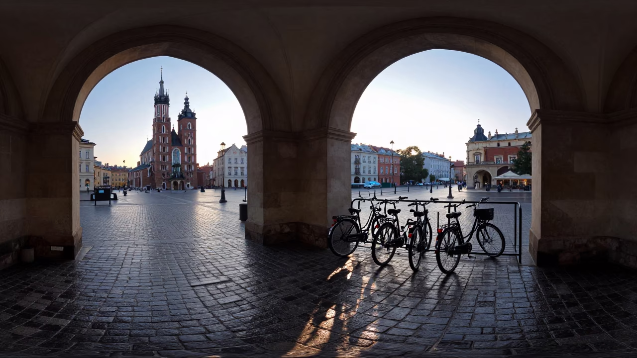 Dawn Light on Krakow Cobblestones Near University Archway and Bicycle Rack in in Krakow, Poland