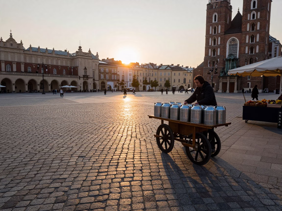 Dawn light on Krakow cobblestones with street vendor canisters and horsetail plants in in Krakow, Poland