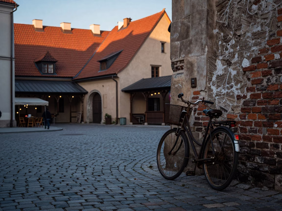 Dawn light on Krakow cobblestones with vintage bicycle basket in in Krakow, Poland