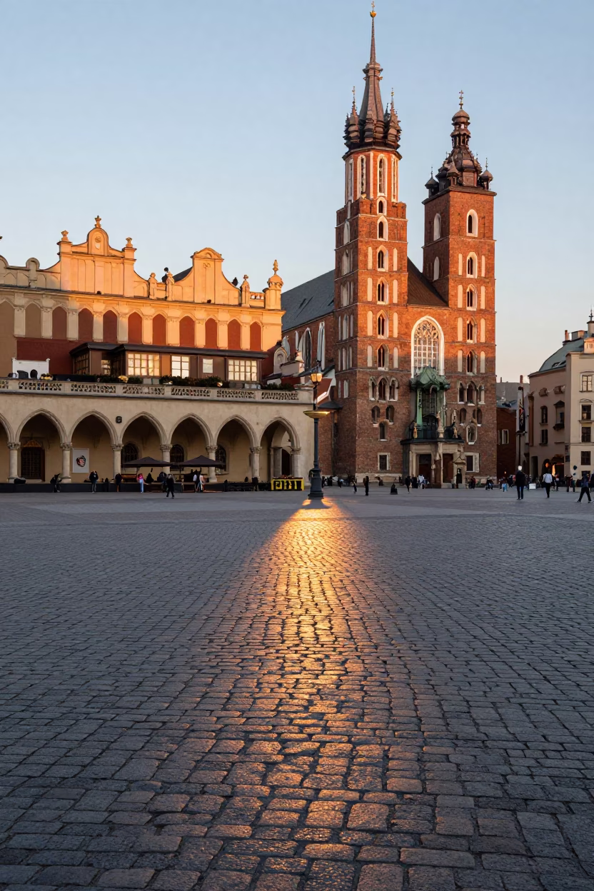 Dawn Light on Krakow Main Market Square cobblestones and historic Sukiennice Facade in in Krakow, Poland