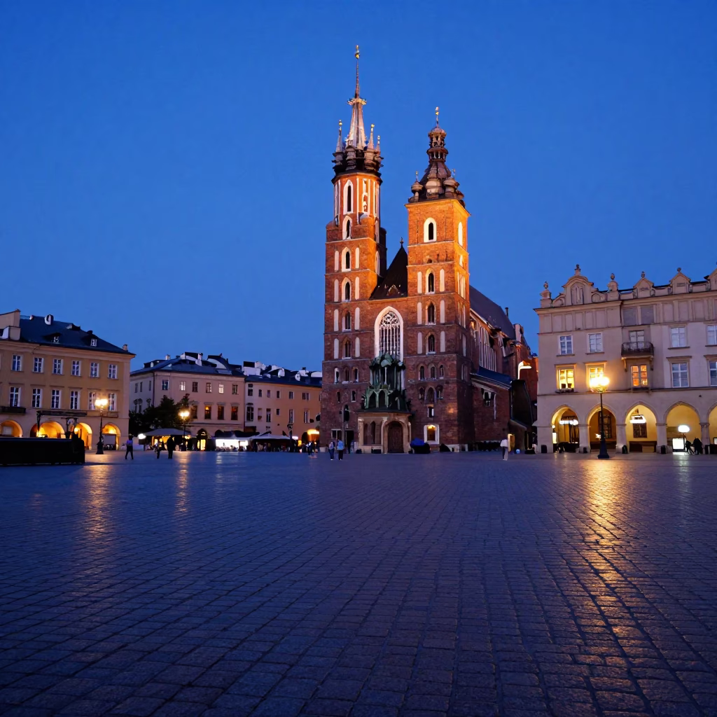 Dawn Light on Krakow Main Market Square Cobblestones with Gothic Church Facade in in Krakow, Poland
