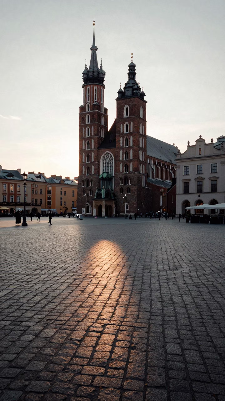 Dawn Light on Krakow Main Market Square Cobblestones with Historic Architecture in in Krakow, Poland
