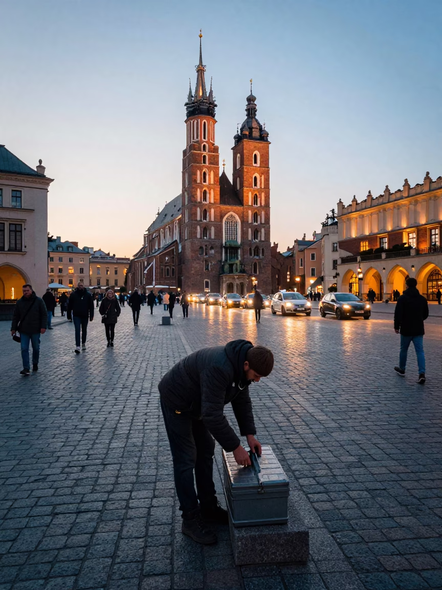Dawn Light on Krakow Old Town Cobblestones with Commuter Toolbox and Rail Smudges in in Krakow, Poland