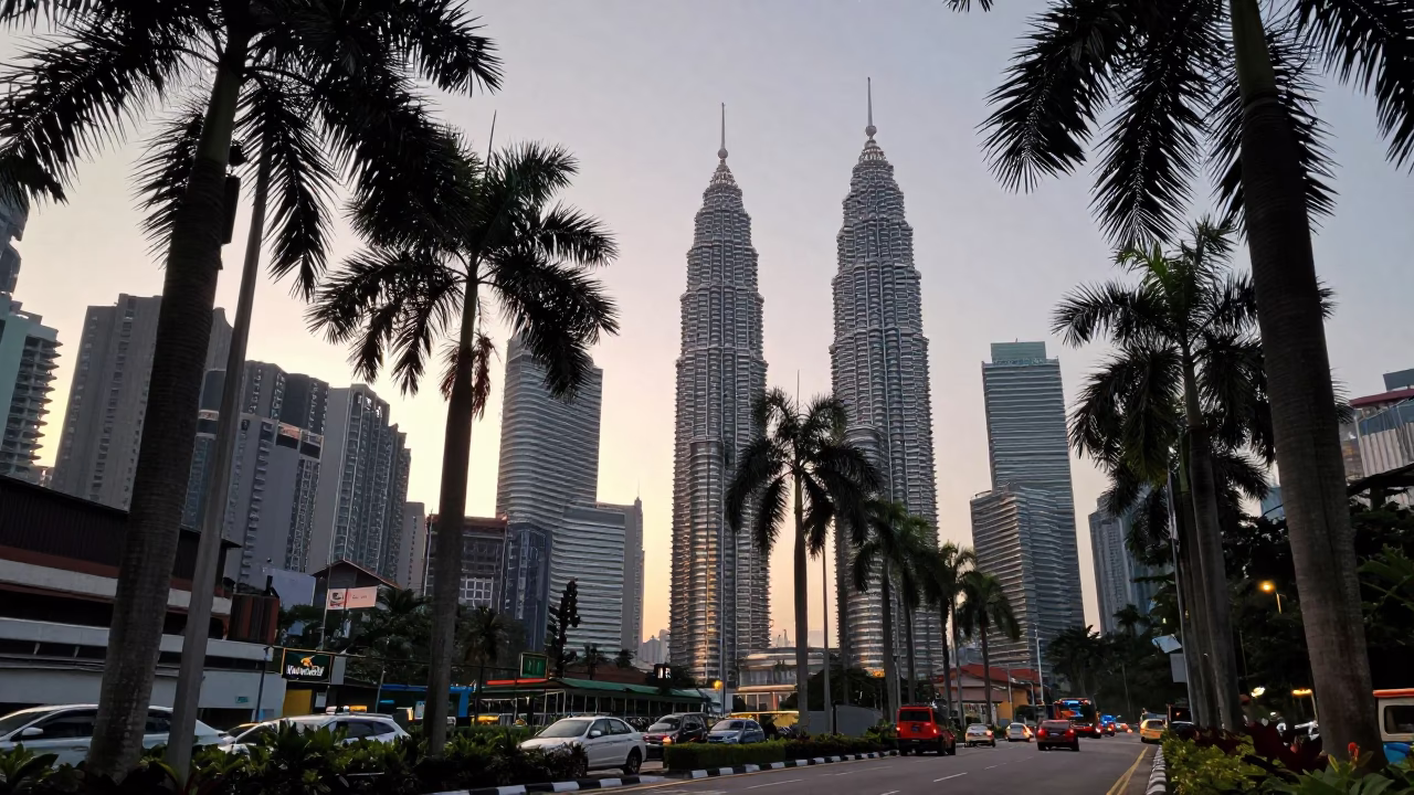 Dawn light on Kuala Lumpur street with palm trees and construction site in in Kuala Lumpur, Malaysia