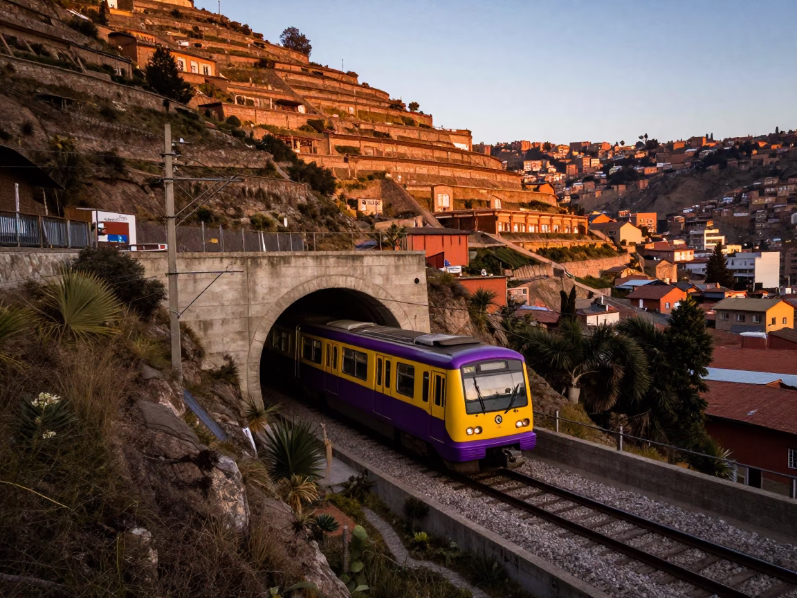 Dawn Light on La Paz Bolivia Metro Train Emerging Tunnel Urban Landscape in in La Paz, Bolivia