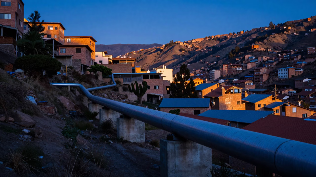Dawn Light on La Paz District Heating Pipes Between Concrete Apartment Blocks in in La Paz, Bolivia