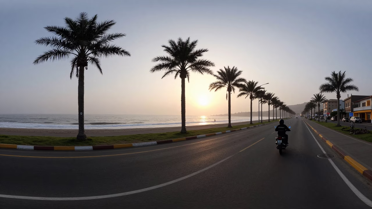 Dawn Light on Lima Coastal Highway with Motorcycle and Palm Trees in in Lima, Peru