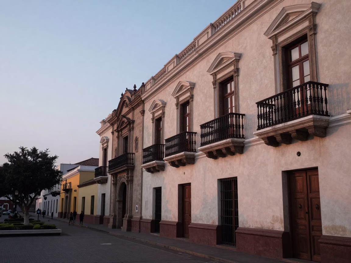 Dawn Light on Lima Peru Colonial Balconies and Street Life at First Light in in Lima, Peru
