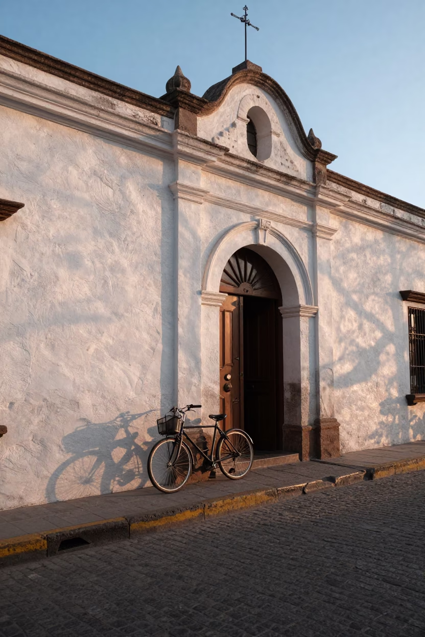 Dawn Light on Lima Street Bicycle Propped Against Colonial Bakery with Rustic Details in in Lima, Peru