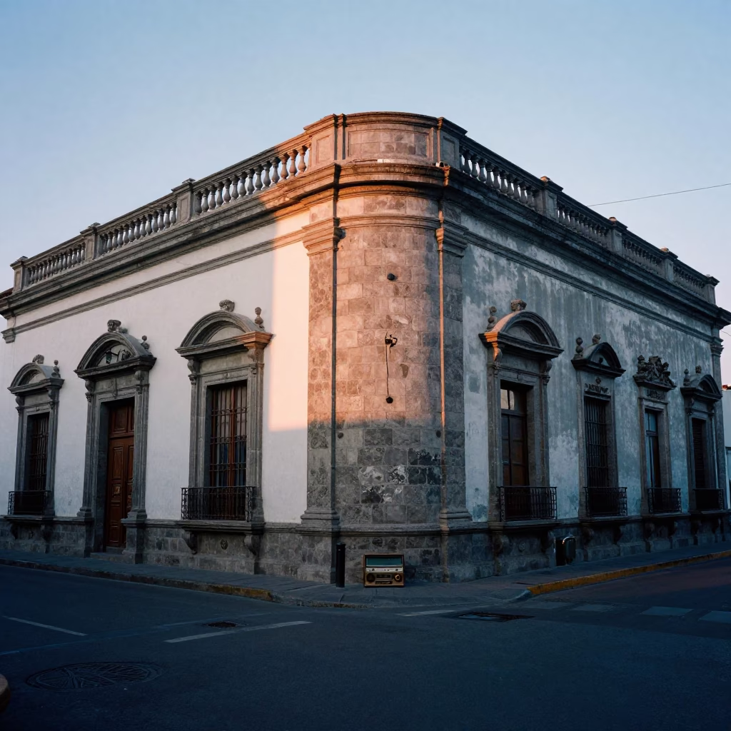Dawn light on Lima street corner with vintage radio and dew covered echeveria rosette in in Lima, Peru