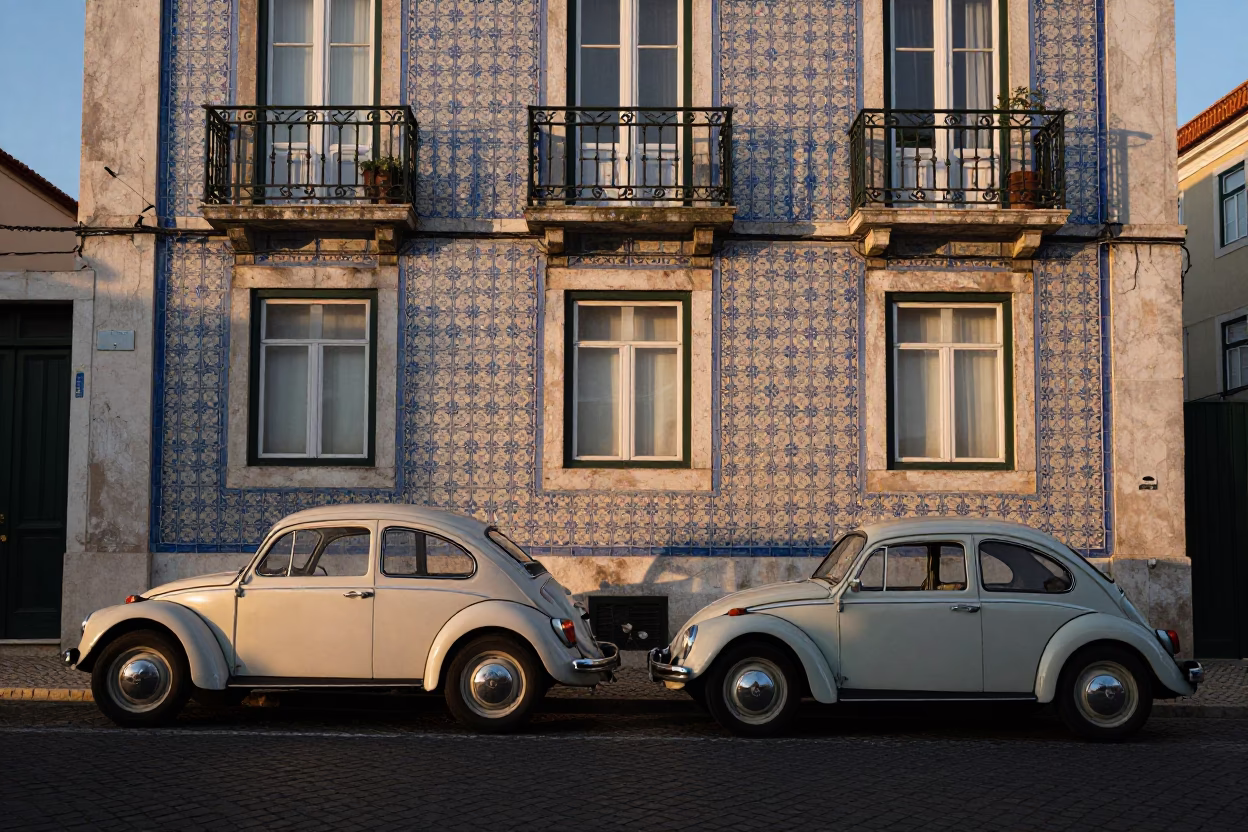 Dawn Light on Lisbon Azulejo Facade with Vintage Car and Street Vendor in in Lisbon, Portugal
