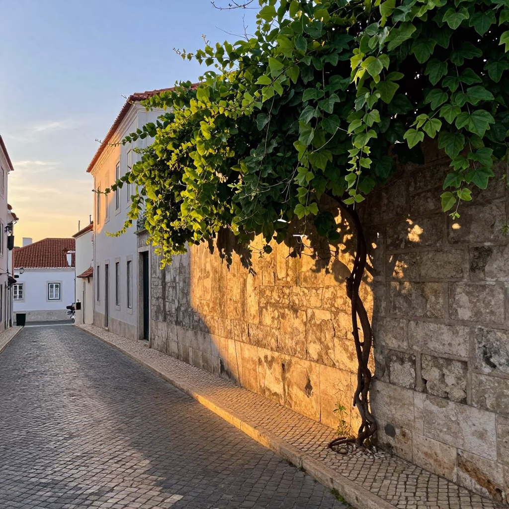Dawn Light on Lisbon Azulejo Street with Vine and Morning Routine in in Lisbon, Portugal