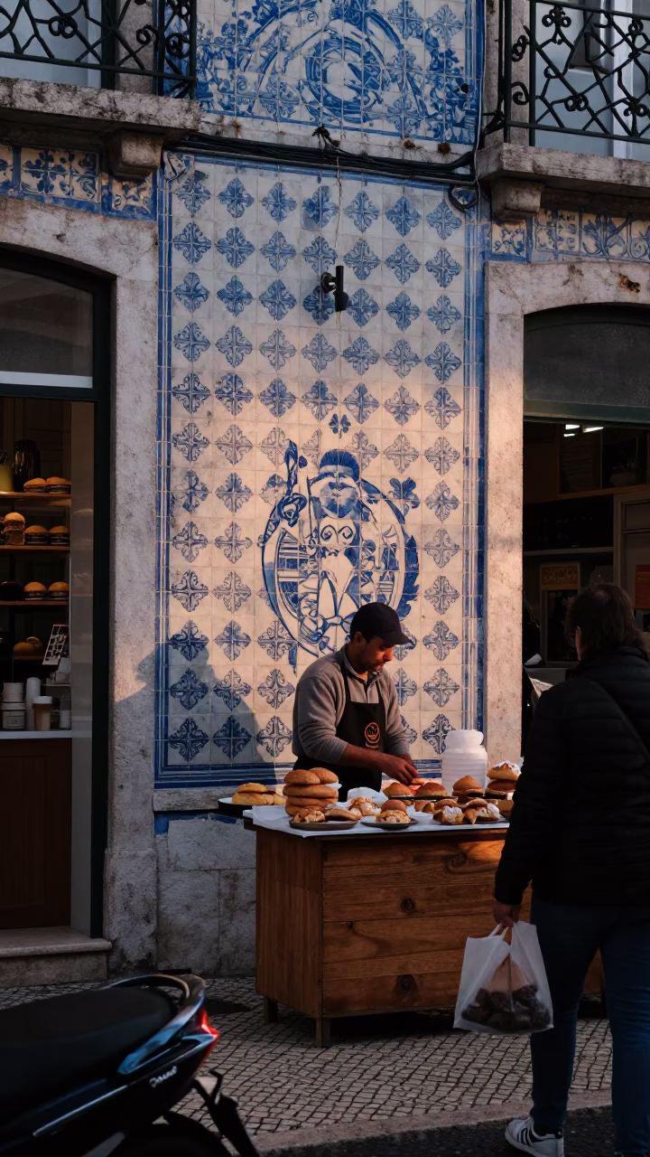 Dawn Light on Lisbon Azulejo Tiles and Busy Morning Market Stall in in Lisbon, Portugal