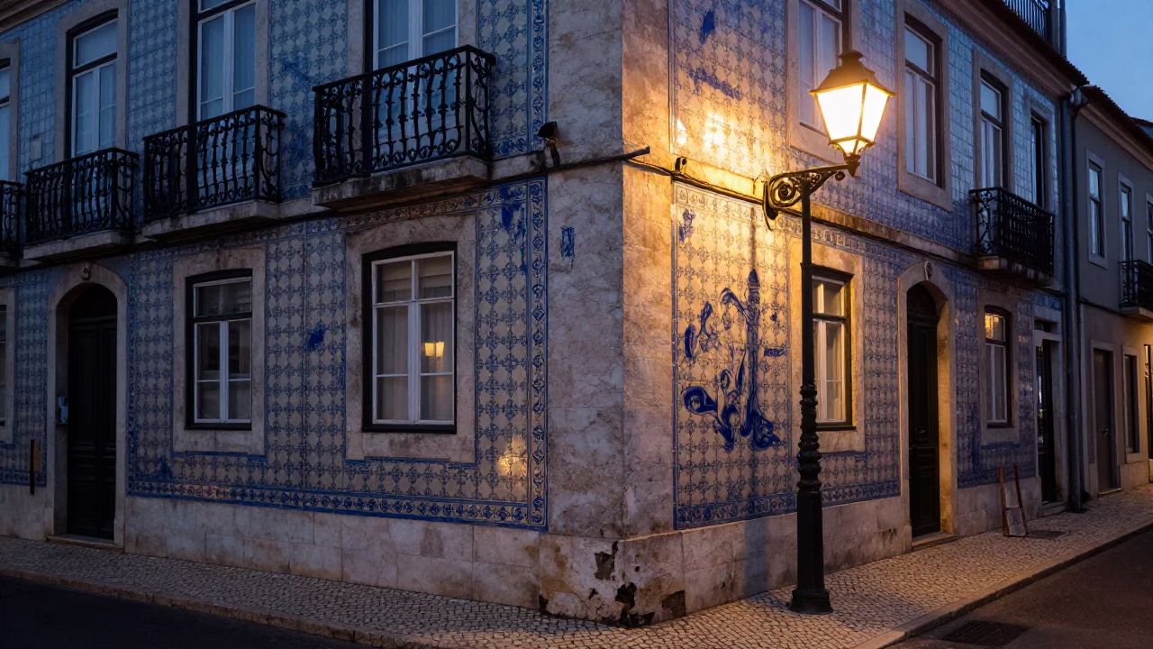 Dawn Light on Lisbon Azulejo Tiles and Street Lamp at First Light in in Lisbon, Portugal