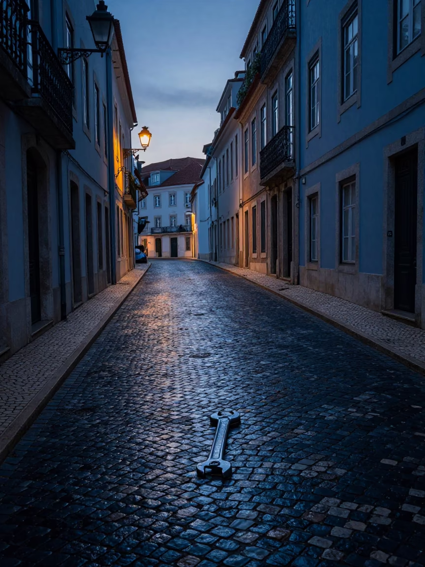 Dawn Light on Lisbon Cobblestone Street with Wrench and Cement Mixer Nearby in in Lisbon, Portugal