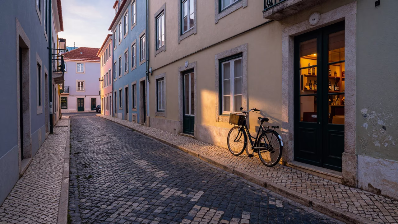 Dawn Light on Lisbon Cobblestones with Bicycle and Bakery Window Reflection in in Lisbon, Portugal