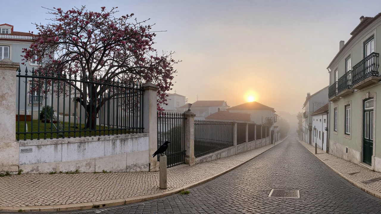 Dawn Light on Lisbon Cobblestones with Crow and Magnolia Bloom in in Lisbon, Portugal