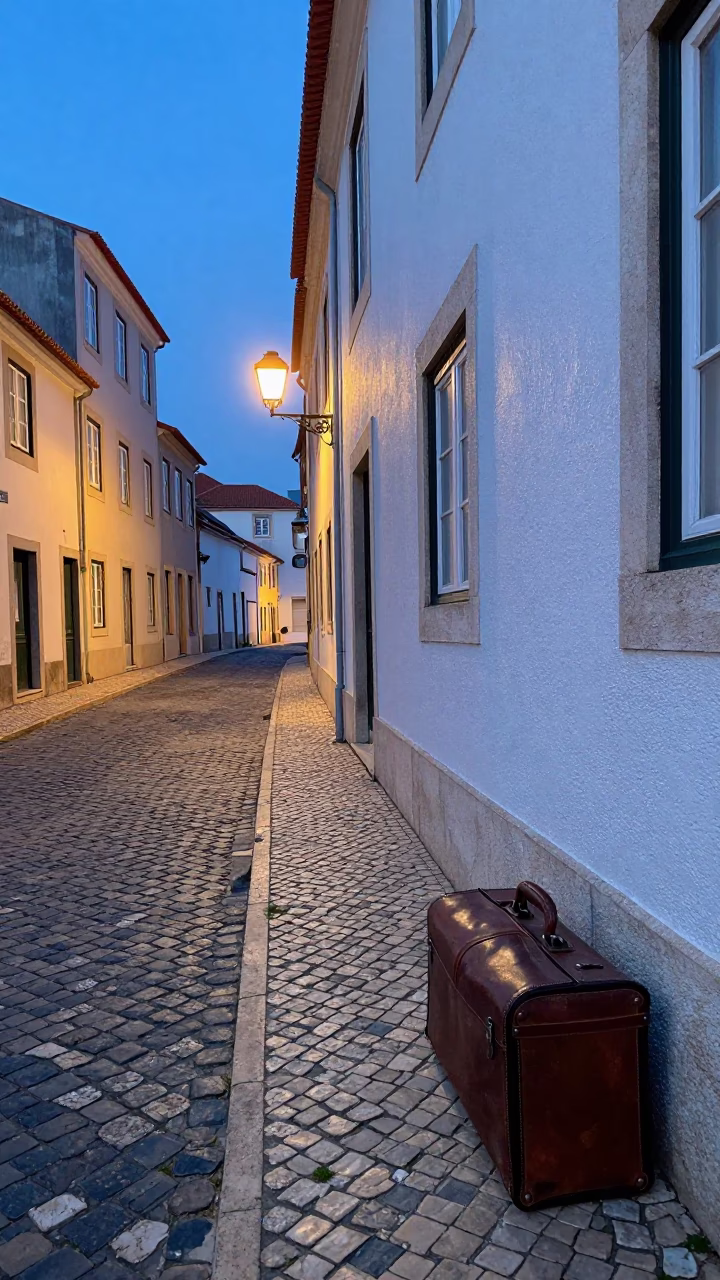 Dawn Light on Lisbon Cobblestones with Hatbox and Blue Porcelain Jar in in Lisbon, Portugal