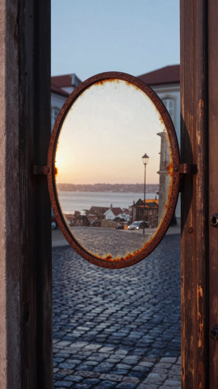 Dawn Light on Lisbon Cobblestones with Rusty Mirror and Brushed Steel Tile in in Lisbon, Portugal